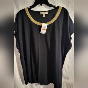 NWT Michael Kors Elegant Black Top with Gold Accent collar 3X